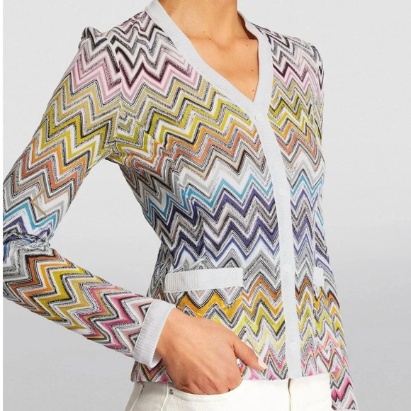 Missoni ZigZag Knit Cardigan Sweater Top 2025 White Crochet Chevron Multicolor - Picture 12 of 16